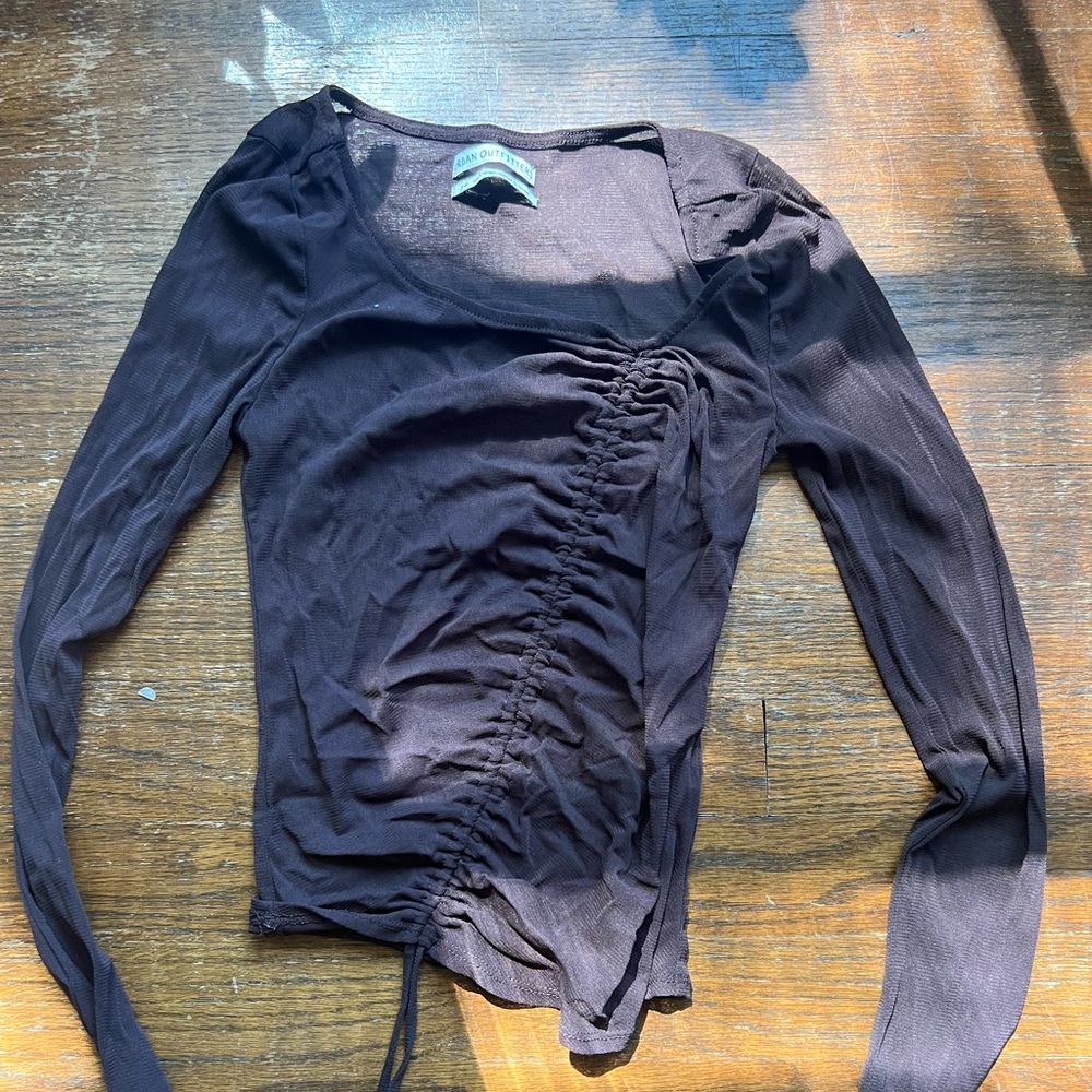 Urban Outfitters Brown Mesh Asymmetrical Drawstring Top